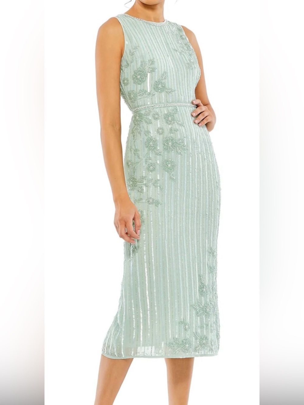Mac Duggal Embellished Sea Foam Mint Green Sleeveless Midi Dress